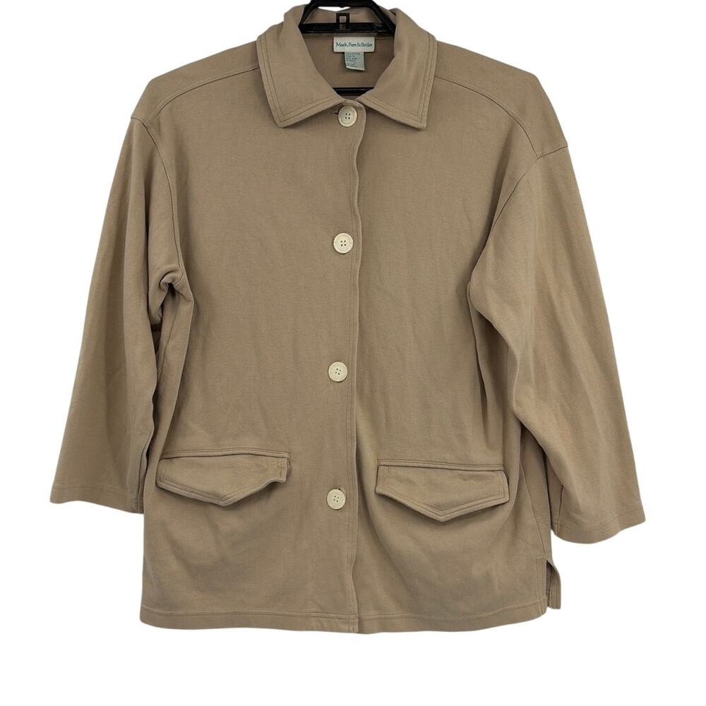 Vtg 90s Mark Fore Strike Knit Chore Womens Coat Sz L Tan Preppy Normcore Minimal